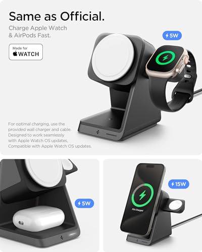 Image of Spigen for MagSafe Charger Stand, [Certified] 3 in 1 Wireless Charging Station 15W Fast Charging Compatible with iPhone 17 16 15 14 13 AirPods Apple Watch 10 Ultra 2 Wallet Accessories and More