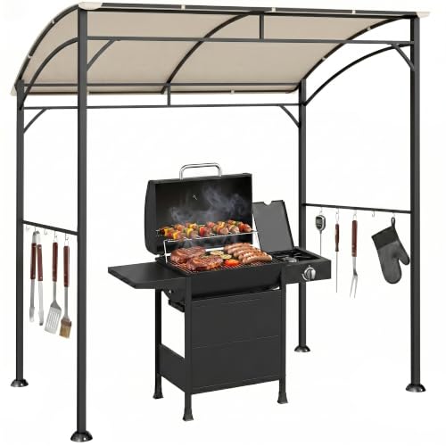 Outsunny Grillpavillon 215 x 150 x 220 cm Wasserabweisend Gartenpavillon mit Gebogendach, Gartenlauben mit Haken, BBQ Pavillon, Gartenzelt Grillzelt Partyzelt für Garten Party Picknick BBQ, Beige