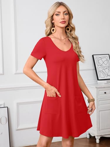 Image of Heymoments Summer Dresses for Women Short Sleeve V Neck Swing Sundress Casual A-Line Flowy Dress with Pockets S-2XL