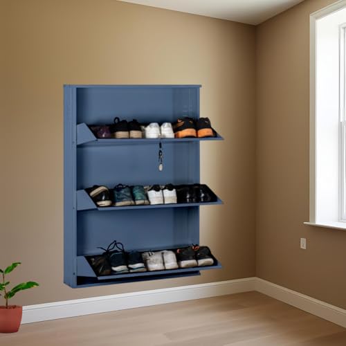 Image of DELITE KOM 29 Inch Wide, 3 Shelf Metal Shoe Rack Wall Mounted for Home with Central Lock Holds Upto 12 Shoes or 18 Slippers Pair | 1 Year Warranty | (41 x 29 x 5, Graphite Grey) DIY Space Saving