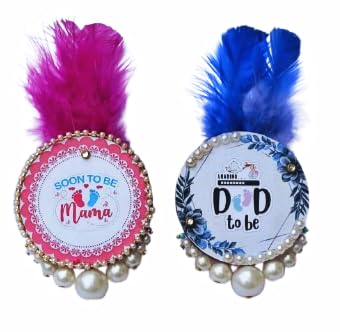 Soon to Be Mom and Dad Brooch with Feathers and Pearls, Baby Shower Party Accessories, Pink and Blue, 2 Pieces-image-3