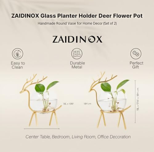 Image of Glass Planter Holder Deer Flower Pot,Round Vase Handmade for Home Decor - Center Table, Bedroom, Living Room and Office Decor Gold Design (Set of 2)