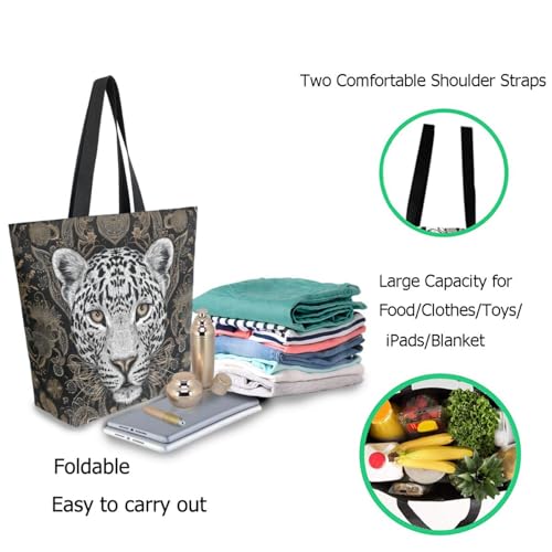 Ethnic Leopard Exotic Style Extra Large Canvas Gym Shoulder Tote,Durable Daily Reusable Top Handle Bag for Mens Womens Yoga Weekender Picnic Beach Travel Market Shopping2