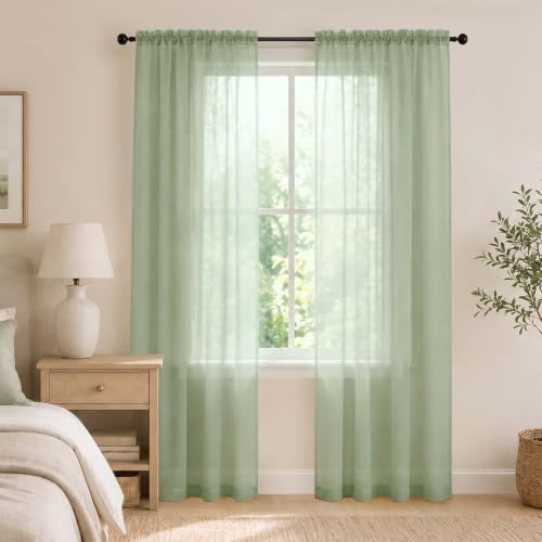 OWENIE Sheer Curtains, Sage Green Sheer Curtains 84 inch Length 2 Panels Set, Rod Pocket Voile Fimly Sheer Drapes for Living Room/Bedroom, 2pcs, Each 42" W x 84" L