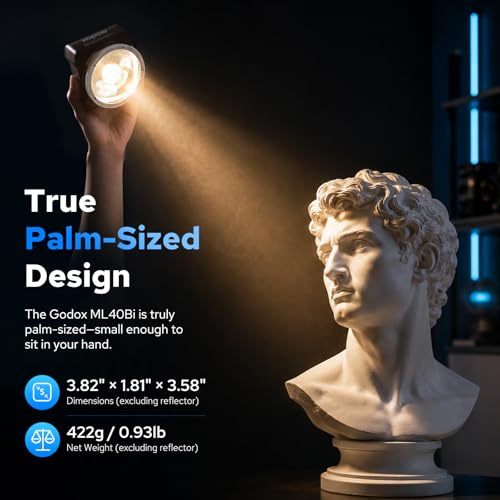 Image of Godox ML40Bi Mini COB Video Light 40W, 26400lux@1m, Handheld Portable Bi-Color COB LED Continuous Output Lighting w /Built-in 4800mAh Battery, CRI /TLCI 96+ 0-100%, 11FX, NFC APP Photography Spotlight