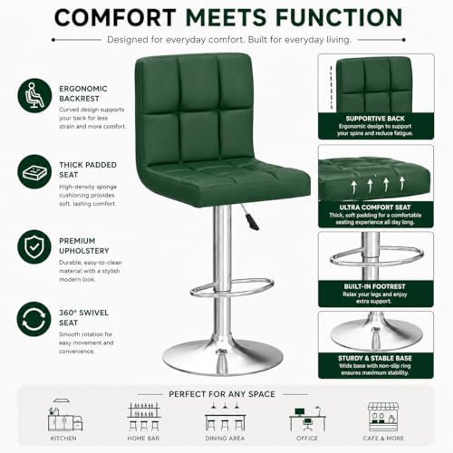 Image of Kemon KaiMeng Modern Adjustable Swivel Bar Stool Chair with Backrest, PU Leather Hydraulic Counter Stool with Footrest for Kitchen Island, Cafe & Home Bar, Green, Square Tufted Back Stool