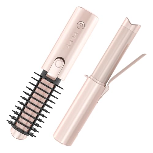 Youbella Cordless Hair Curling Iron Brush Portable Travel Hair Curler Mini 1.5 Heated Round Brush 3-in-1 USB Rechargeable Straightening Wand for Styling & Smoothing 200 Million Ionic Care Pink