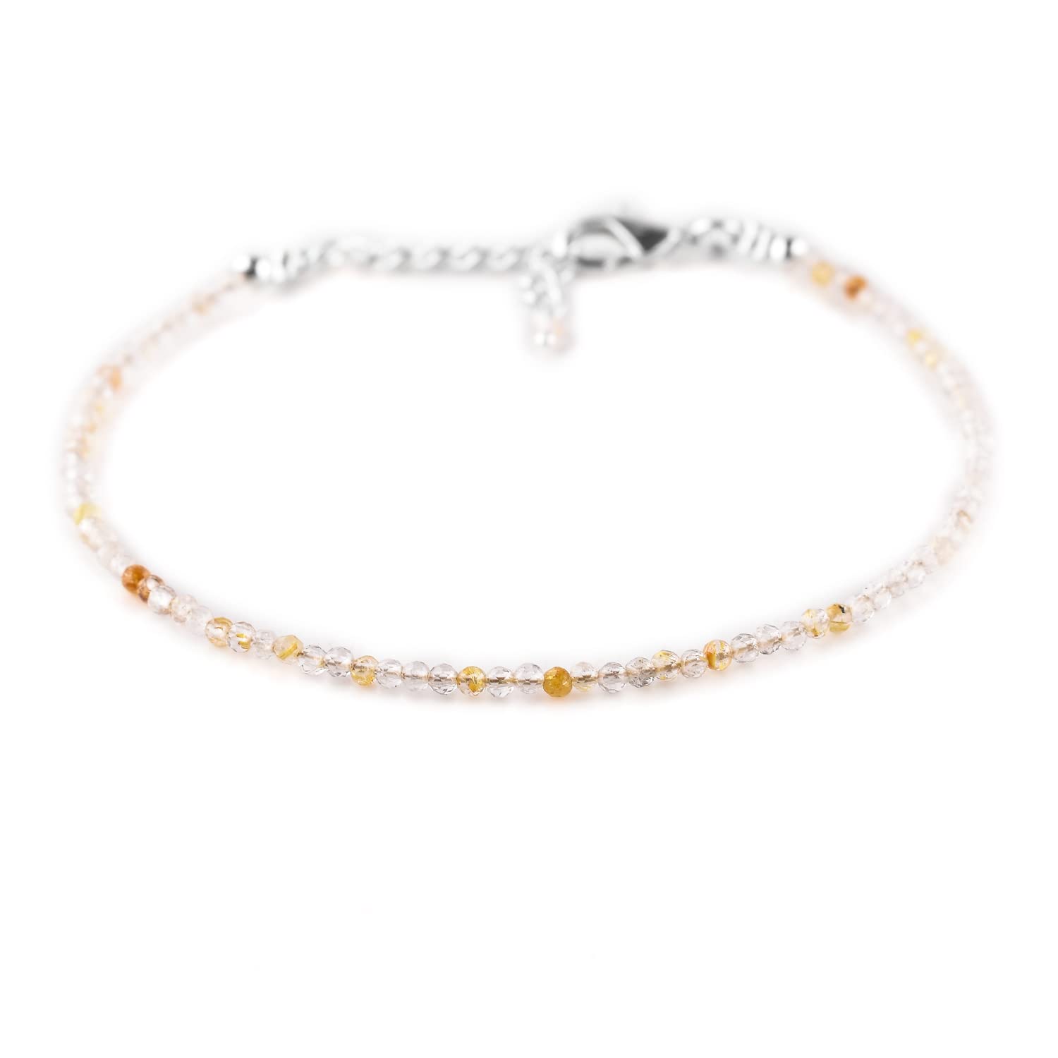 YANARA Golden Rutile Quartz Bracelet Natural Gemstone Micro Beads Handmade Jewelry For Women Chakra Energy Crystal, Silver Plated Chain 8 inch Crystal Bracelet