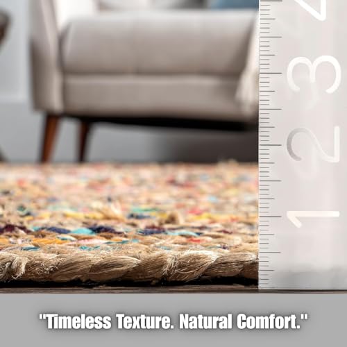 Image of Rounds Jute Carpet - Handwoven Natural Fiber Rug for Living Room, Bedroom, Entryway | Boho Chic Eco-Friendly Area Rug | Rustic Designer Floor Mat:-(Chindi Lehar, 4x4 feet