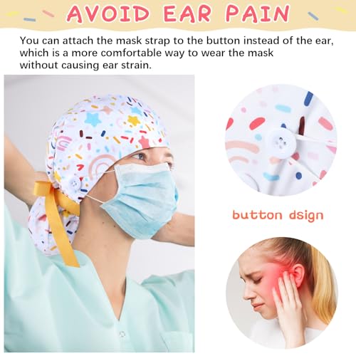 Image of 6 Pcs Scrub Caps for Women Doctor Nursing Hats with Buttons Adjustable Tie Back Working Cap Bouffant Scrub Hats for Women Men