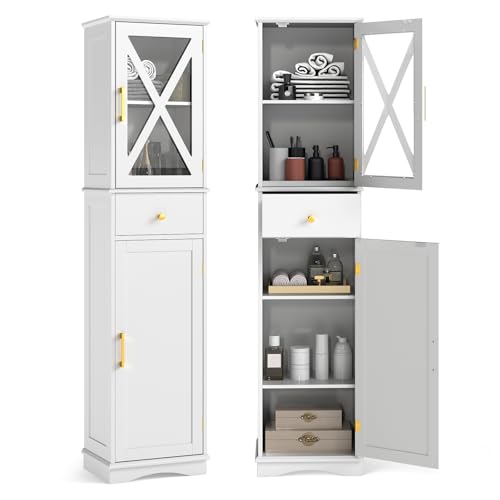 COSTWAY Armario Alto de Baño, Mueble Columna de Baño con Cajón, 2 Puertas y 3 Estantes Ajustables, Gabinete Estrecho de Almacenaje para Cocina Salon Oficina, 40 x 30 x 168 cm (Blanco)