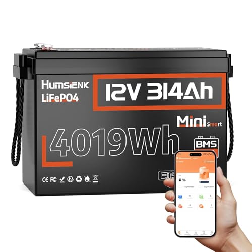 Image of HumsiENK 12V 300Ah (314Ah) LiFePO4 Lithium Battery Mini Size with Bluetooth | 4019Wh, 200A BMS, 15000+ Deep Cycles, Low-Temp Protection, for RV Marine Solar Off-Grid Home Backup, Compact & Lightweight