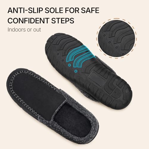 Image of Men's Moccasin House Slippers Memory Foam Suede Plush Indoor Bedroom Shoes | Fuzzy Non-Slip Warm Winter Comfy Cowboy Slippers for Indoor Outdoor Home Dad Husband Grandpa Gifts Black Brown Grey
