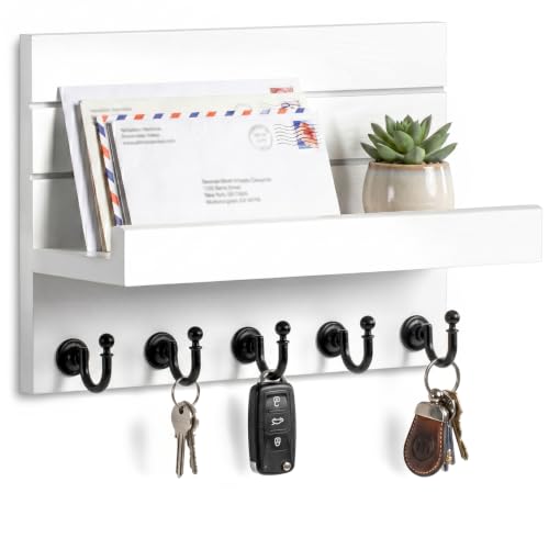 HONJIN Key Holder for Wall: Easy Installation Mail Organizer Wall Mount Hanging Key Rack for Kitchen and Entryway Decor with 5 Sturdy Key Hooks (White)