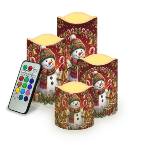Image of Christmas Flameless Battery Operated Lamp with Remote, 4 Pack | Snowman LED Flickering, Battery Operated, Color Changing Electric Pillar Candles for Living Room, Christmas Home Decor