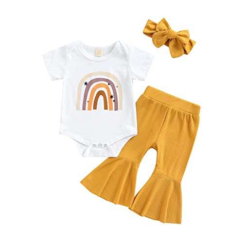 Image of Hiusmilekid Newborn Infant Baby Girl Clothes Set Rainbow Romper Bodysuit Flare Pant Bell-Bottom Summer Outfit 3Pcs
