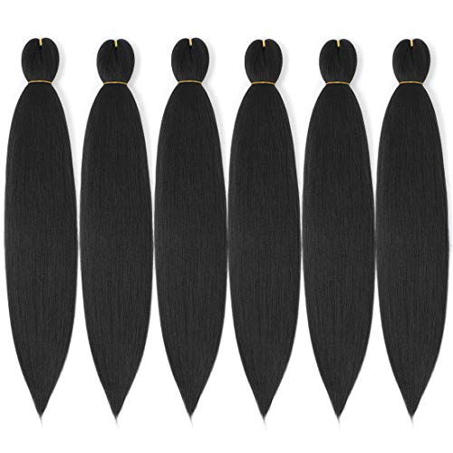 Pre stretched Braiding Hair Extensions Black 24 Inch Professional Pre-stretched Braid Hair 6 Packs Soft Itch Free Hot Water Setting Yaki Texture Easy Braids Hair #1B