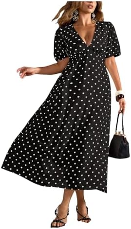 Floerns Women's Plus Size Polka Dots V Neck Maxi Dress Puff Sleev...