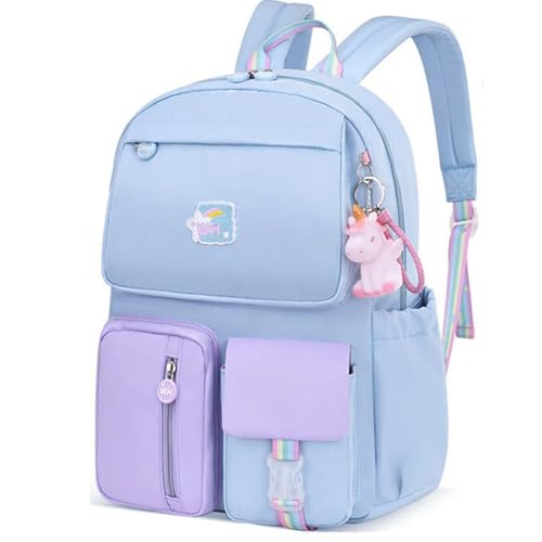 Kawaii Lightweight Backpack Large Capacity Book Rucksack with Pendant Comfortable Wide Shoulder Strap Backpack (Blue-Purple,Small)