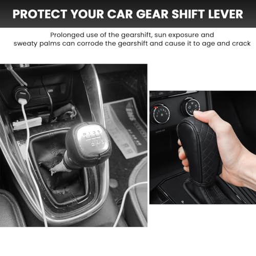Image of STHIRA Premium PU Leather Car Gear Knob Cover Fashionable Anti-Slip, Durable & Universal Fit Car Gear Cover Protects Against Scratches /Wear, Enhances Car Interior, Black Color, 12 * 9 * 5cm