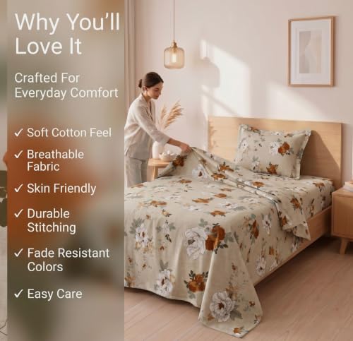Image of BSB HOME 210 TC Cotton Feel Single Bedsheet with 1 Pillow Cover, Soft & Breathable Floral Printed Bed Sheet, Fade Resistant, Bedding for Home & Bedroom, 60 x 90 Inches (152 x 229 cm) (Terracotta)