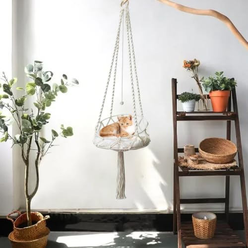Hamaca para gatos de macramé blanco de 40 cm con borlas 5