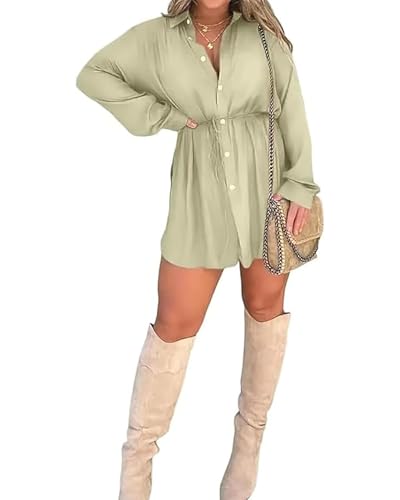 Women Loose Fit Shirt Dress Casual Satin Nights Romper Dress Long Sleeve Lapel Collar V Neck Button Down Short Silk Dress (Light Green A, S)