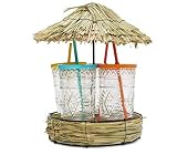 Myxx Tabletop Tiki Hut Party Decoration Lazy Susan Cup Holder with 4 Assorted Glasses