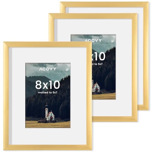 Acovy 8x10インチ 写真フレーム マット仕上げ 5x7インチ 高解像度プレキシガラス付きフォトフレーム 壁&卓上ディスプレイ用 (ゴールド、3パック)