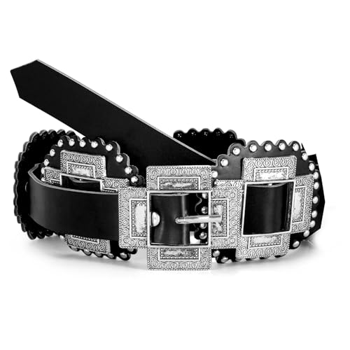 Women Western Concho Leather Belt Cowgirl Boho Belt Chunky for Dresses Concert Festival,Black,Fit Waist 23