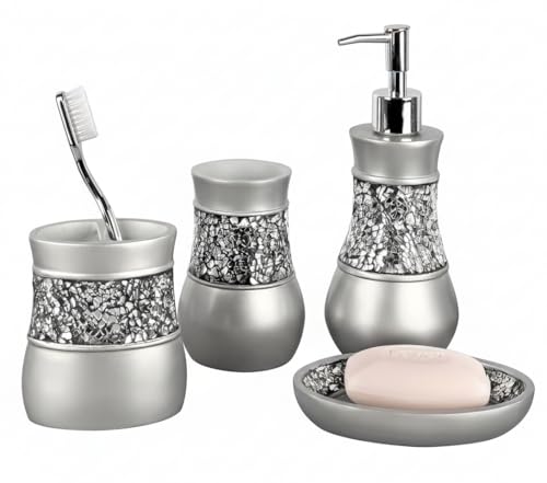 Creative Scents Crackled Glass Silver Bathroom Accessory Set - 4 Piece Bathroom Sets Accessories Included: Soap Dispenser, Toothbrush Holder, Tumbler and Soap Dish