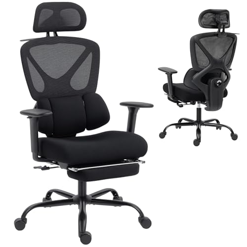 HOMCOM Chaise Bureau Ergonomique, Fauteuil de Bureau avec Soutien Lombaire Dynamique adaptatif, accoudoirs 3D, Dossier inclinable, Hauteur et Appui-tête réglables,...