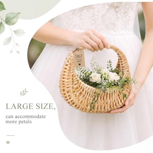 Image of Taiyin 1 Pack Flower Girl Basket with Handle, 8.27 x 9.06 x 6.3 Inch | Rattan Basket Half Moon Straw Wicker, Ideal for Wedding Flower, Petals, Confetti, Candy & Gifts, Picnic, Garden Storage Decor
