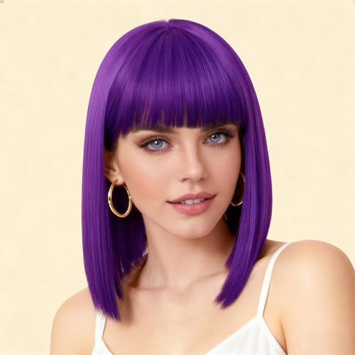 siswin Purple Wig with Bangs Short Straight Wigs for Women 12Inch Bob Shoulder Length Synthetic Colorful Cosplay Wig for Daily Party Halloween (Purple)
