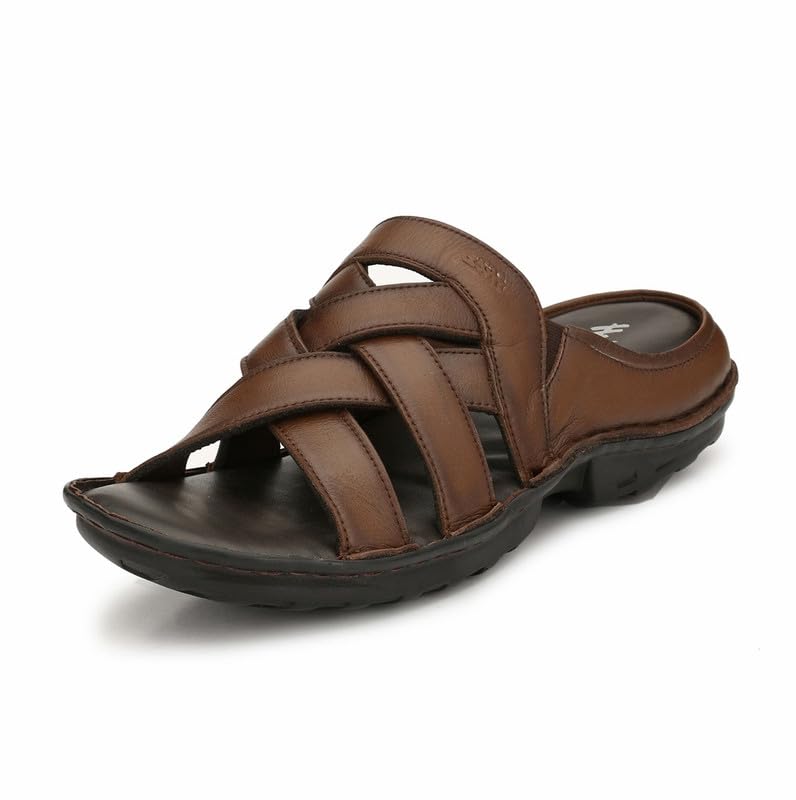 hitz Men's Tan Leather Casual Open Toe Slippers-picture-2