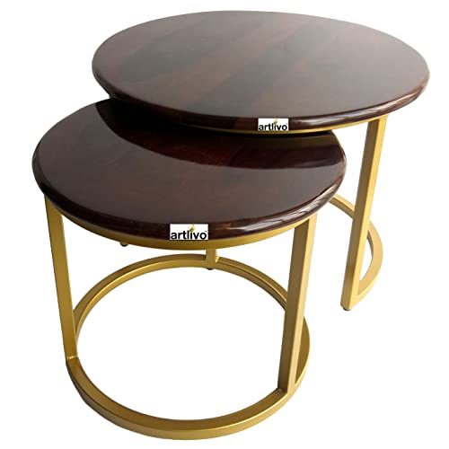 Image of Artlivo Sheesham Wood Nested Coffee Table - Set of 2 | Walnut Finish, Folding, Large Set (Dia 27 & 22 inches) | for Living, Bedroom, Balcony, Garden, Cafe, etc | Powder Coated MS Legs, Round, Glossy