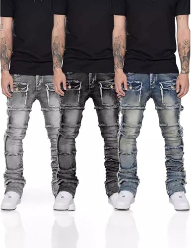 Men's Ripped Slim Moto Biker Cargo Jeans Distressed Stretch Stacked Tapered Leg Pants Washed Hip Hop Trousers4
