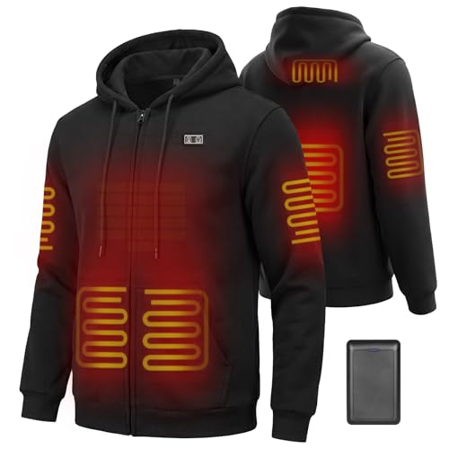 Moteoza Heated Hoodie for Men Heated Sweatshirt for Men with 7.4V 16000mAh Battery Rechargeable Mens Heated Zip-Up Hoodies, Warm Black, XL