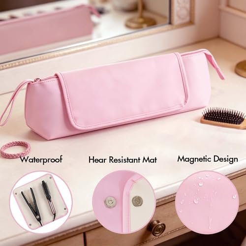 SHIDOW Large Capacity Hair Tool Bag with Detachable Heat Pad, 2-in-1 Portable Organizer for Straightener, Curling Iron, Hot Air Brush & Hair Dryer, Women Travel Essential, Pink miniatura 4