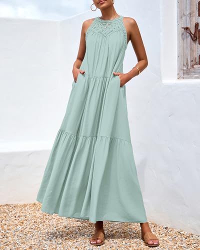 Image of BTFBM Halter Summer Dresses for Women 2026 Casual Spring Hollow Out Sleeveless Boho Sundresses Beach Vacation Maxi Dress