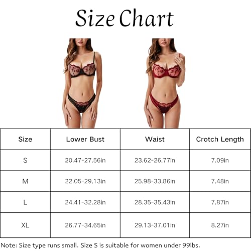 ROSVAJFY Women's Sexy Lingerie Set with Floral Embroidery, Mesh Push Up Underwear Set 2 Pieces, Underwire Bra and Panties Set Elegent Lingerie with Adjustable Spaghetti Straps (Burgundy, M) - Image 7
