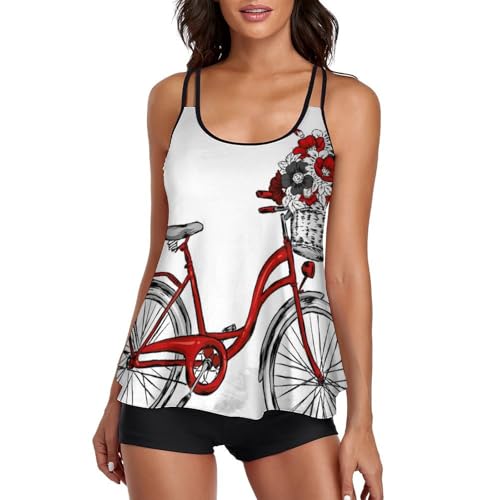 Maillot de bain tankini rouge motif fleurs de la bicyclette avec short de garçon pour femme