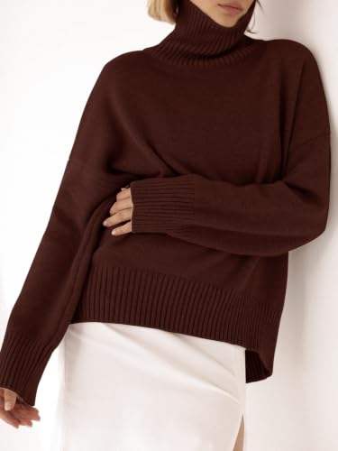 Image of YKR Women's Turtleneck Sweater Chunky Long Sleeve Knitted Pullover High Low Hem Trendy 2026 Fall Winter Basic Jumper Top