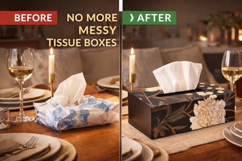 Image of Reinvention Factory Wooden Tissue Box Holder for Dining Table & Home | Tissue Paper Box Holder, Wooden Tissue Box Cover | Decorative Black Floral Tissue Holder for Bathroom, Office, Living Room
