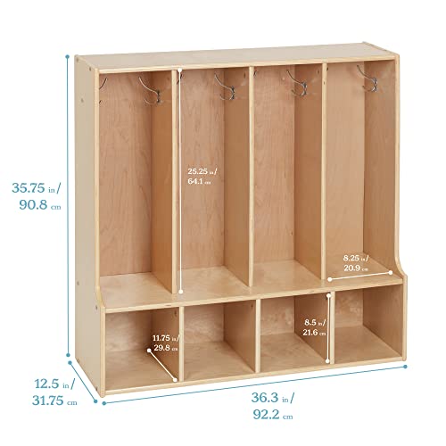 ECR4Kids Birch Streamline 4-Section Toddler Coat Locker, Natural - Image 3