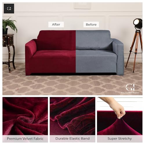 Image of Gifts Island Premium Velvet Sofa Cover 3 Seater and 2 Seater Fully Covered Universal 5 Seater Sofa Cover Non-Slip Sticky Elastic Stretchable Slipcover (Velvet Maroon)