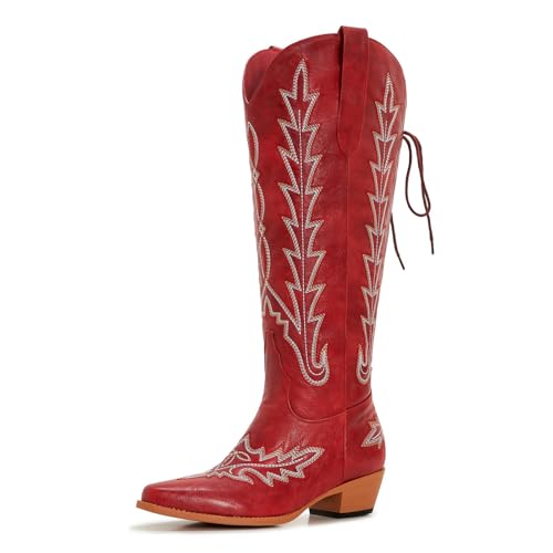 Image of Uillnoodu Wide Calf Cowboy Boots Women Adjustable Lace Up Knee High Tall Plus Size Cowgirl Boots Western Style Comfortable 2-Inch Heel