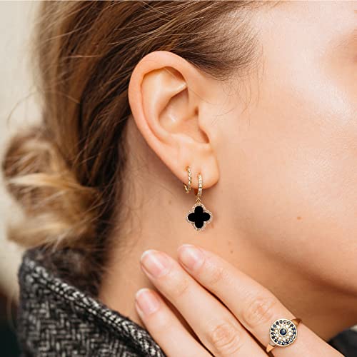 Gold Dangle Earrings, 14K Gold Plated Small Huggie Hoop Earrings with Clover Charms, Dainty Drop Dangle Earrings for Women2