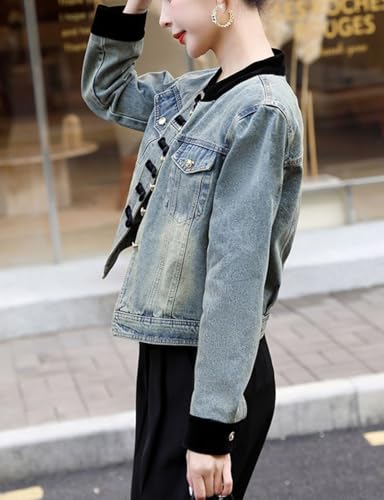 Kwoki Womens Cropped Denim Jacket Casual Long Sleeve Baseball Collar Bomber Jackets Patchwork Short Jean Coat 6