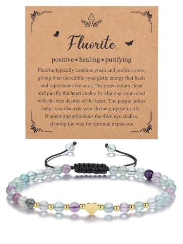 CrystalTears Fluorite Crystal Bracelet for Women 4mm Healing Gemstone Beaded Bracelet with Gold Heart Charm Stone Bracelet Jewellry Gifts for Women Girlfriend Mum Birthday Valentine’s Day